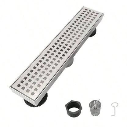 12 Inch Linear Shower Drain with Removable Quadrato Pattern Grate Cover, 304 Stainless Steel Shower Floor Drain with Hair Strainer and Leveling Feet