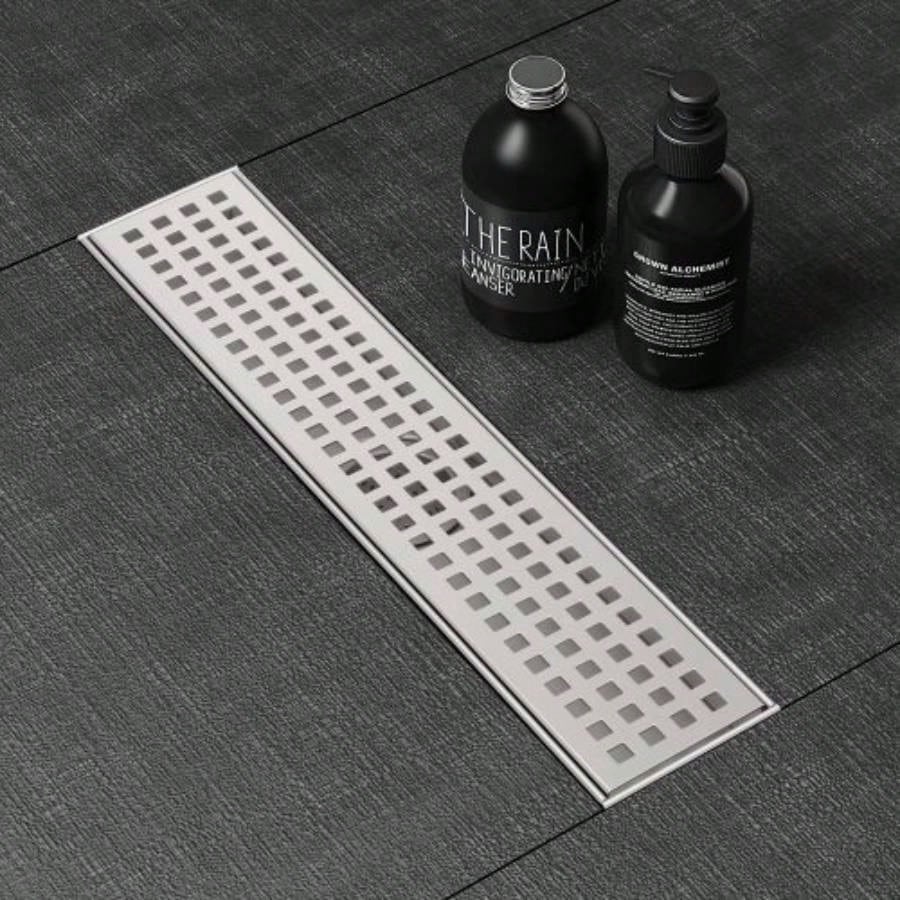 12 Inch Linear Shower Drain with Removable Quadrato Pattern Grate Cover, 304 Stainless Steel Shower Floor Drain with Hair Strainer and Leveling Feet