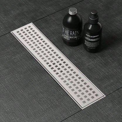 12 Inch Linear Shower Drain with Removable Quadrato Pattern Grate Cover, 304 Stainless Steel Shower Floor Drain with Hair Strainer and Leveling Feet