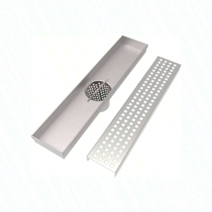 12 Inch Linear Shower Drain with Removable Quadrato Pattern Grate Cover, 304 Stainless Steel Shower Floor Drain with Hair Strainer and Leveling Feet