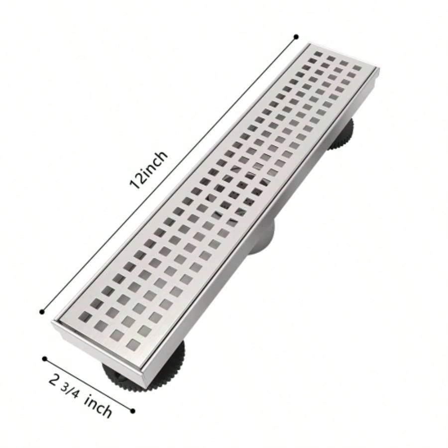 12 Inch Linear Shower Drain with Removable Quadrato Pattern Grate Cover, 304 Stainless Steel Shower Floor Drain with Hair Strainer and Leveling Feet