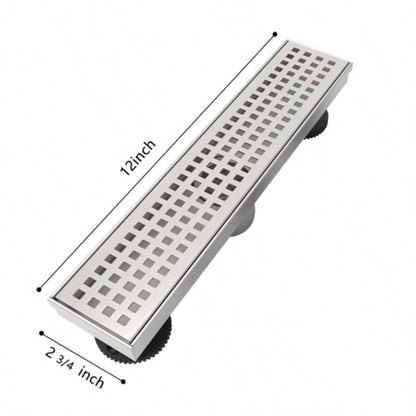 12 Inch Linear Shower Drain with Removable Quadrato Pattern Grate Cover, 304 Stainless Steel Shower Floor Drain with Hair Strainer and Leveling Feet