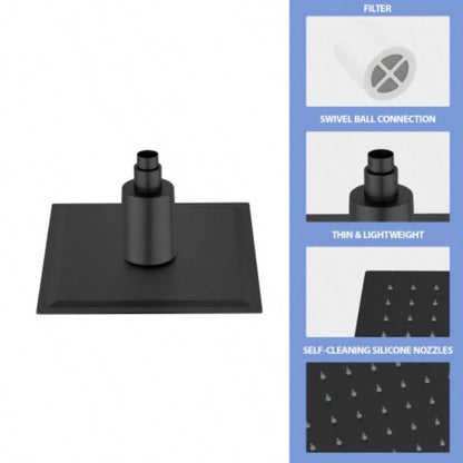 8 Square Rain Shower, Ultra - Design 304 Stainless Steel Ceiling Shower, Wall/Ceiling Mounted, Black