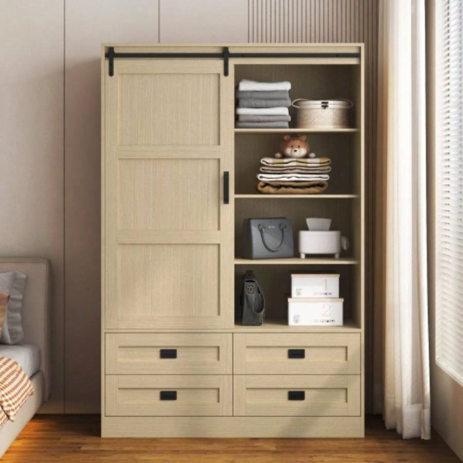 Tall Bedroom Armoire Wardrobe Closet Clothing Storage Cabinet with Hanging Rod Barn Door Drawers Open Shelves