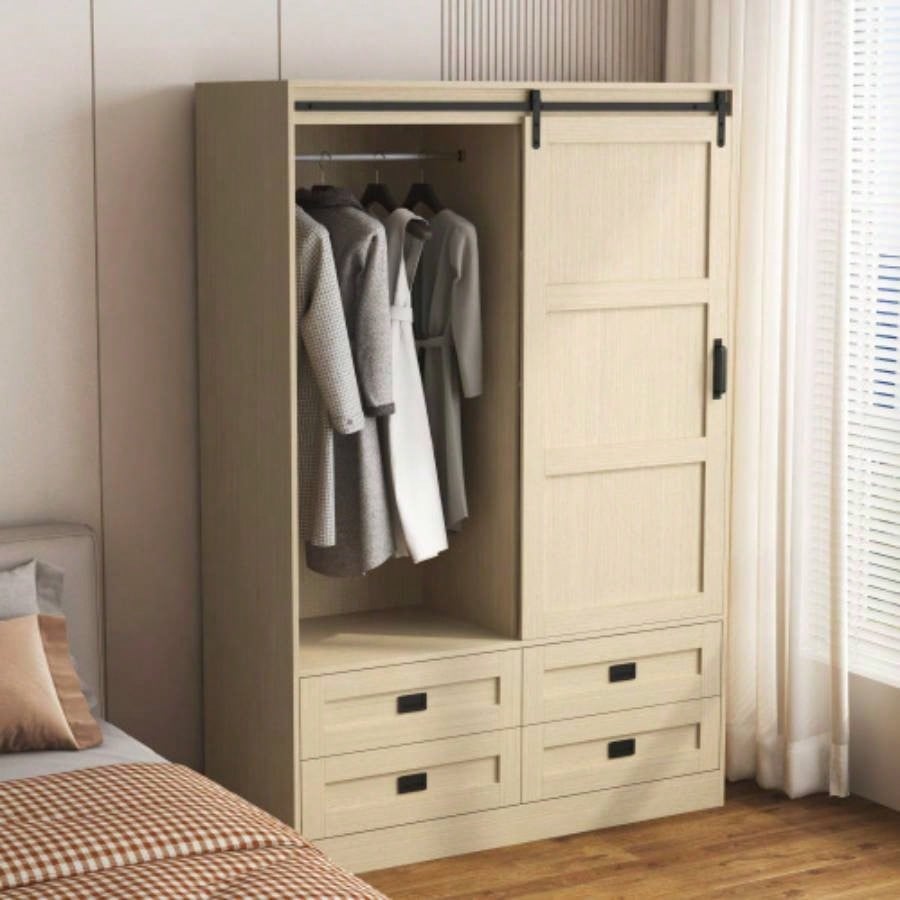 Tall Bedroom Armoire Wardrobe Closet Clothing Storage Cabinet with Hanging Rod Barn Door Drawers Open Shelves