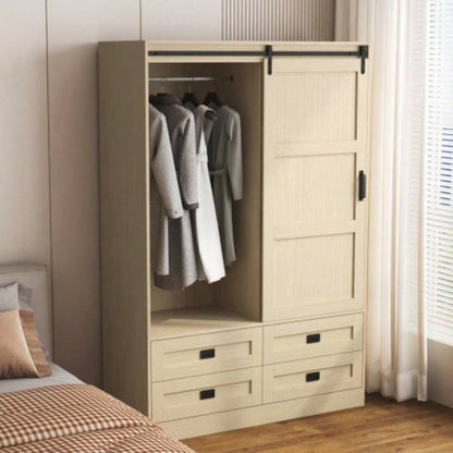 Tall Bedroom Armoire Wardrobe Closet Clothing Storage Cabinet with Hanging Rod Barn Door Drawers Open Shelves