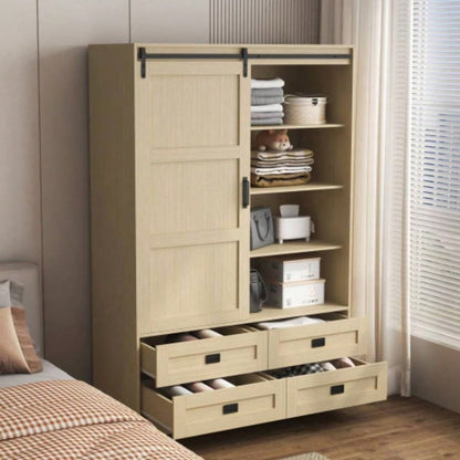 Tall Bedroom Armoire Wardrobe Closet Clothing Storage Cabinet with Hanging Rod Barn Door Drawers Open Shelves