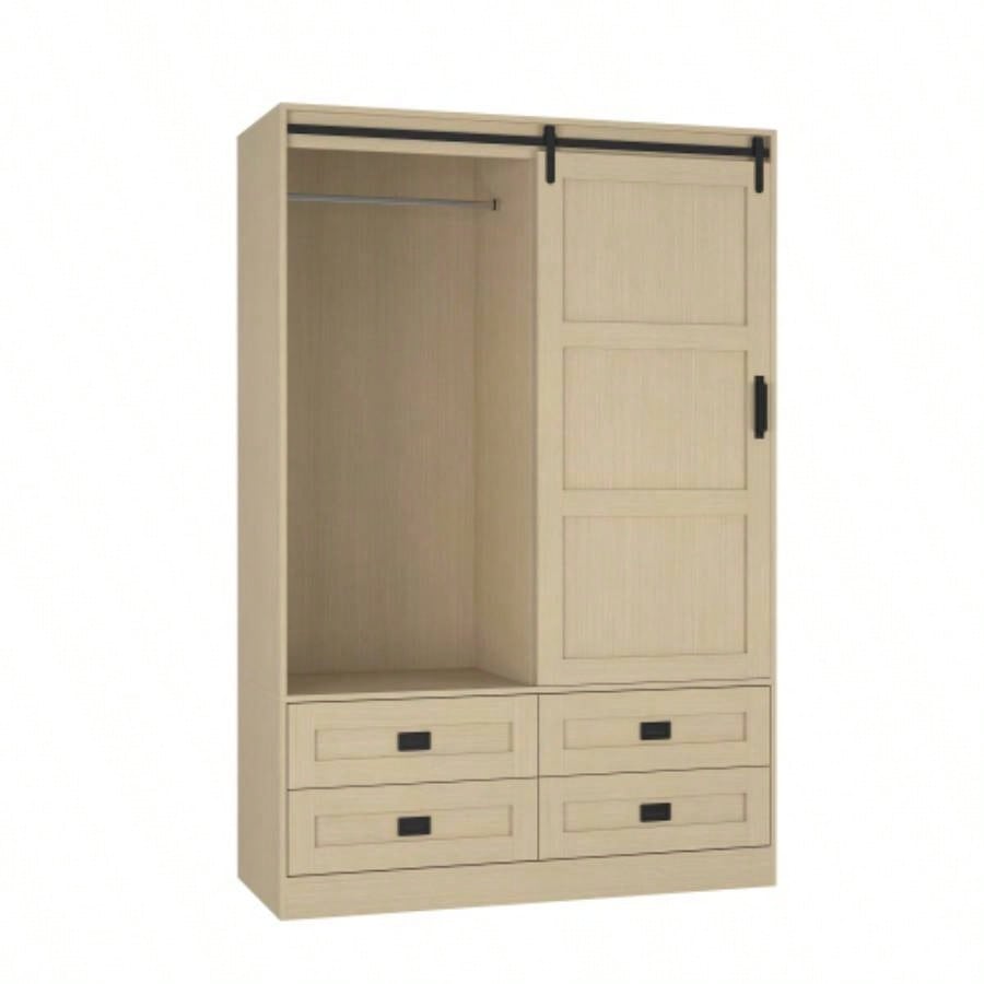 Tall Bedroom Armoire Wardrobe Closet Clothing Storage Cabinet with Hanging Rod Barn Door Drawers Open Shelves