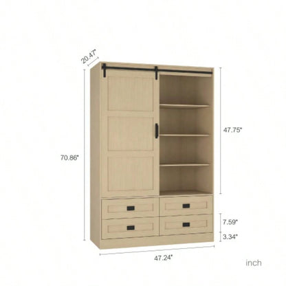 Tall Bedroom Armoire Wardrobe Closet Clothing Storage Cabinet with Hanging Rod Barn Door Drawers Open Shelves