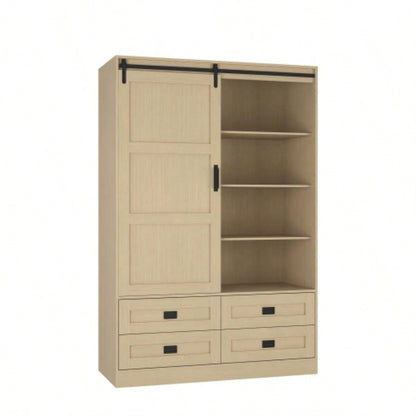 Tall Bedroom Armoire Wardrobe Closet Clothing Storage Cabinet with Hanging Rod Barn Door Drawers Open Shelves