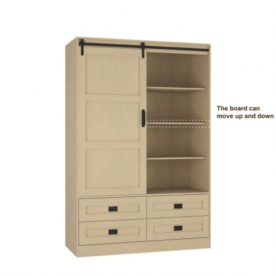 Tall Bedroom Armoire Wardrobe Closet Clothing Storage Cabinet with Hanging Rod Barn Door Drawers Open Shelves