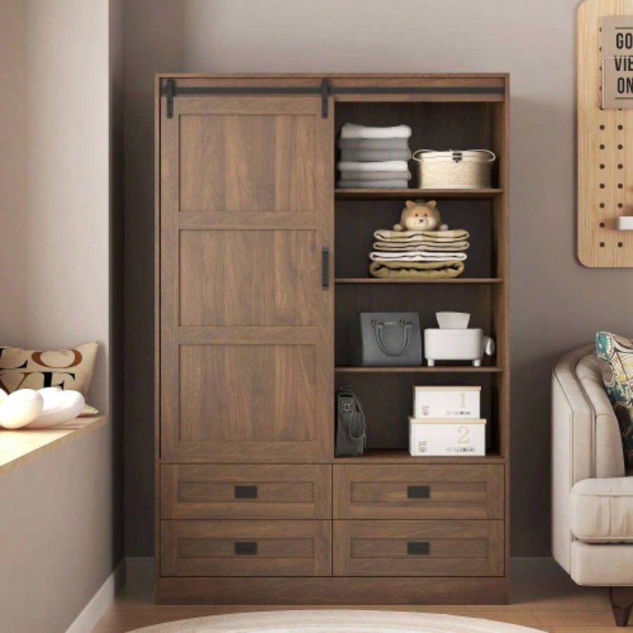 Tall Bedroom Armoire Wardrobe Closet Clothing Storage Cabinet with Hanging Rod Barn Door Drawers Open Shelves