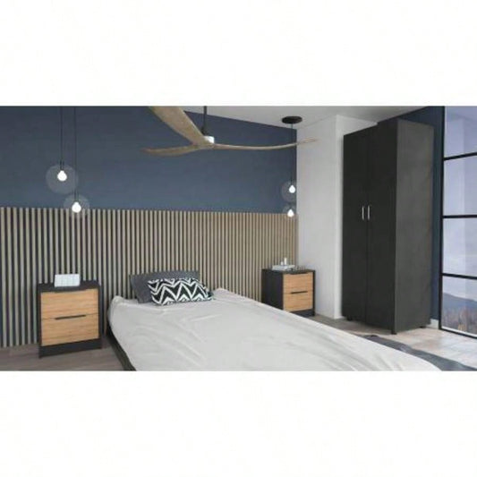 3 Piece Bedroom Set, London Armoire+ Egeo Nightstand+ Egeo Nightstand, Black/ Pine