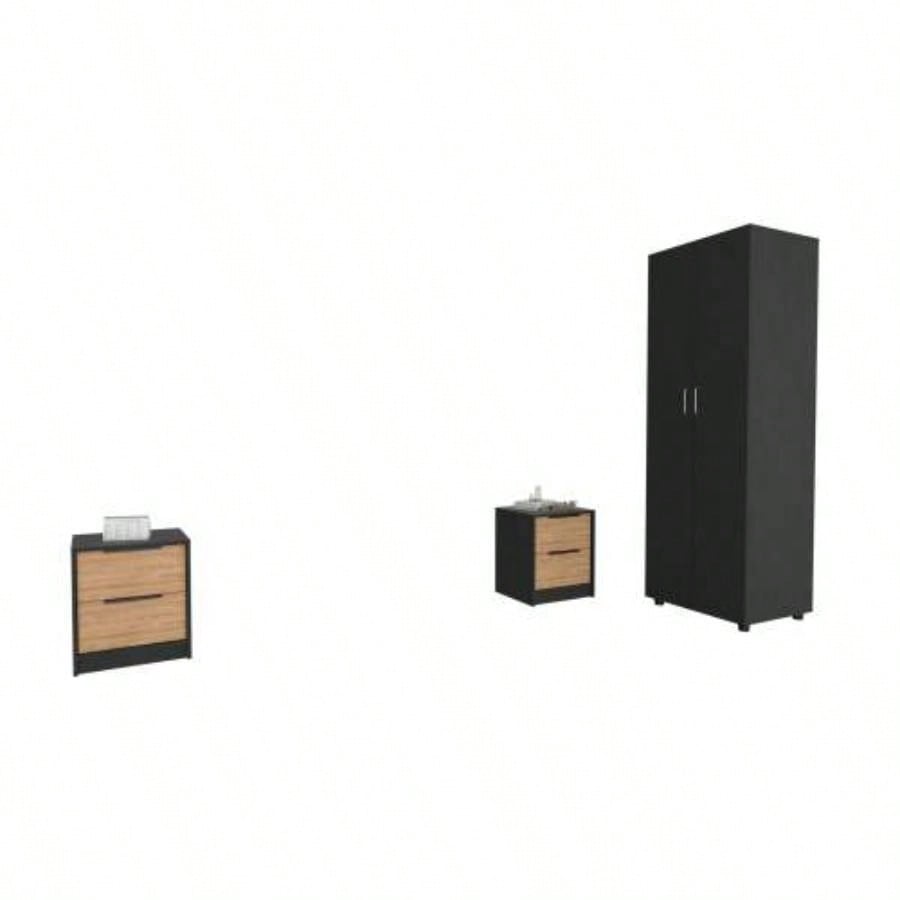 3 Piece Bedroom Set, London Armoire+ Egeo Nightstand+ Egeo Nightstand, Black/ Pine
