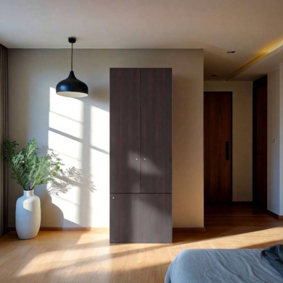 FM FURNITURE Tolleson 3 - Door Tall Wardrobe Cabinet with 4 Shelves - Freestanding Storage Armoire Bedroom or Entryway, Stained Walnut