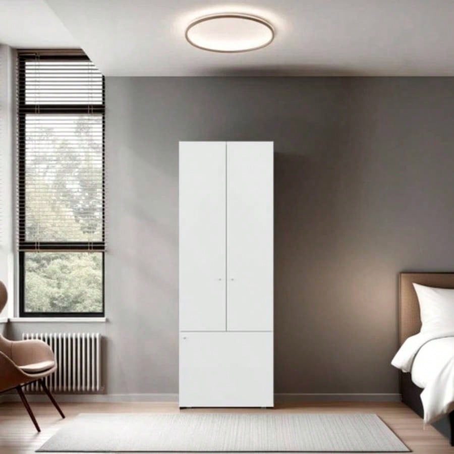 FM FURNITURE Tolleson 3 - Door Tall Wardrobe Cabinet with 4 Shelves - Freestanding Storage Armoire Bedroom or Entryway, Stained Walnut