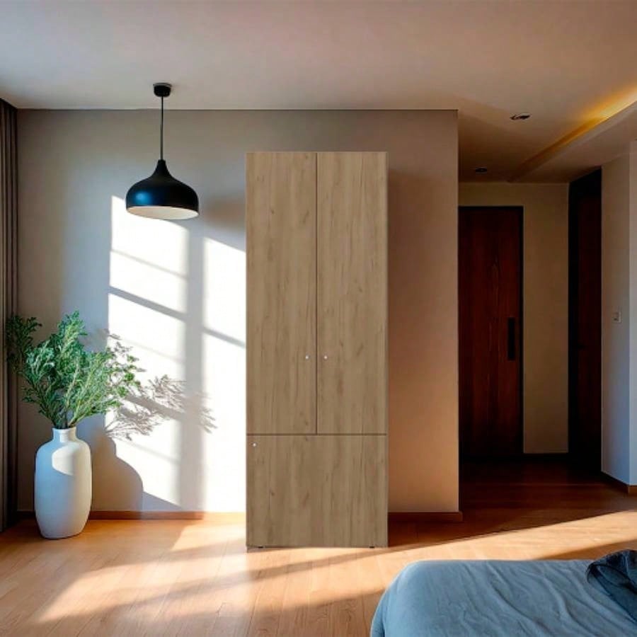 FM FURNITURE Tolleson 3 - Door Tall Wardrobe Cabinet with 4 Shelves - Freestanding Storage Armoire Bedroom or Entryway, Stained Walnut