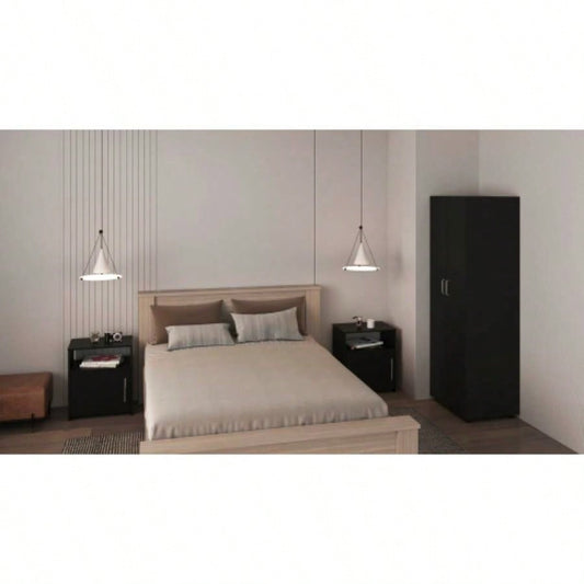 3 Piece Bedroom Set, London Armoire+ 2 Omaha Nightstands, Black