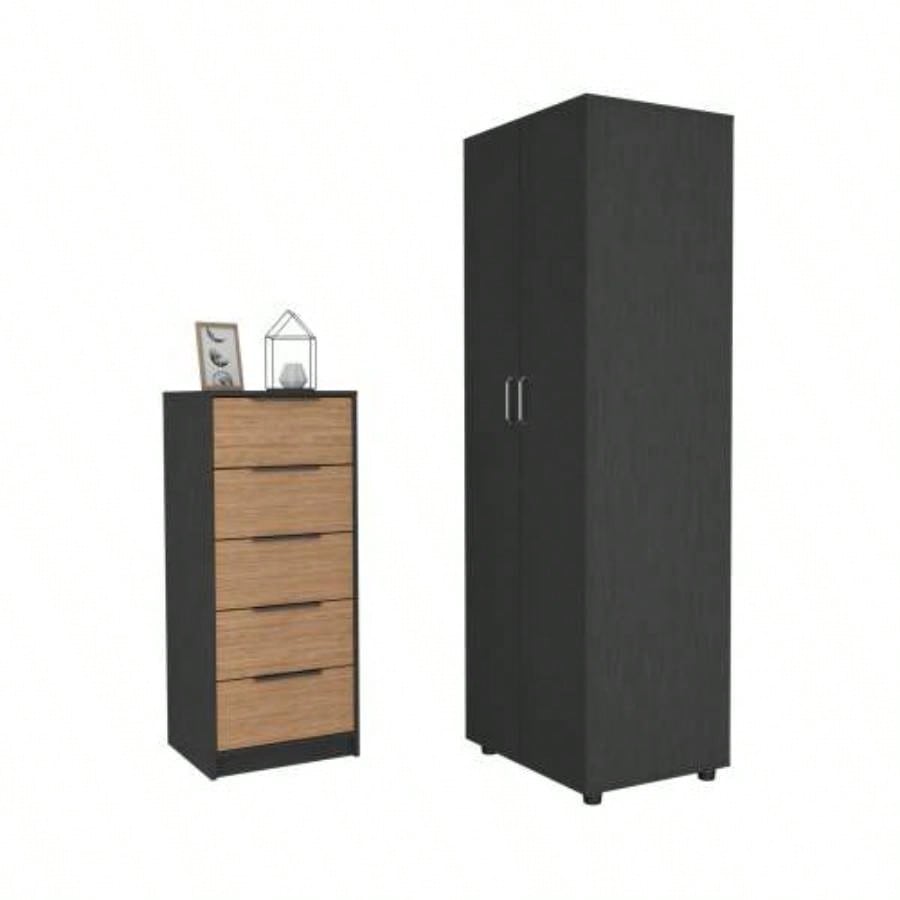 2 Piece Bedroom Set, London Armoire+ Egeo 5 Drawer Dresser, Black/ Light Oak