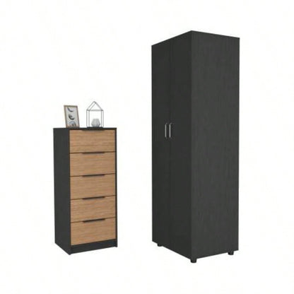 2 Piece Bedroom Set, London Armoire+ Egeo 5 Drawer Dresser, Black/ Light Oak