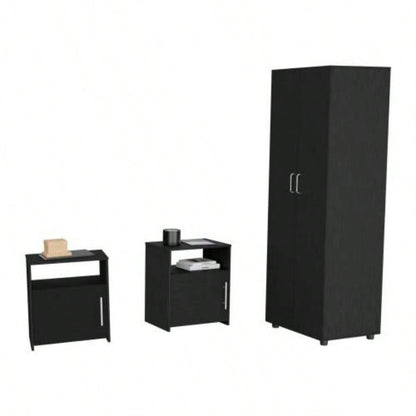 3 Piece Bedroom Set, London Armoire+ 2 Omaha Nightstands, Black
