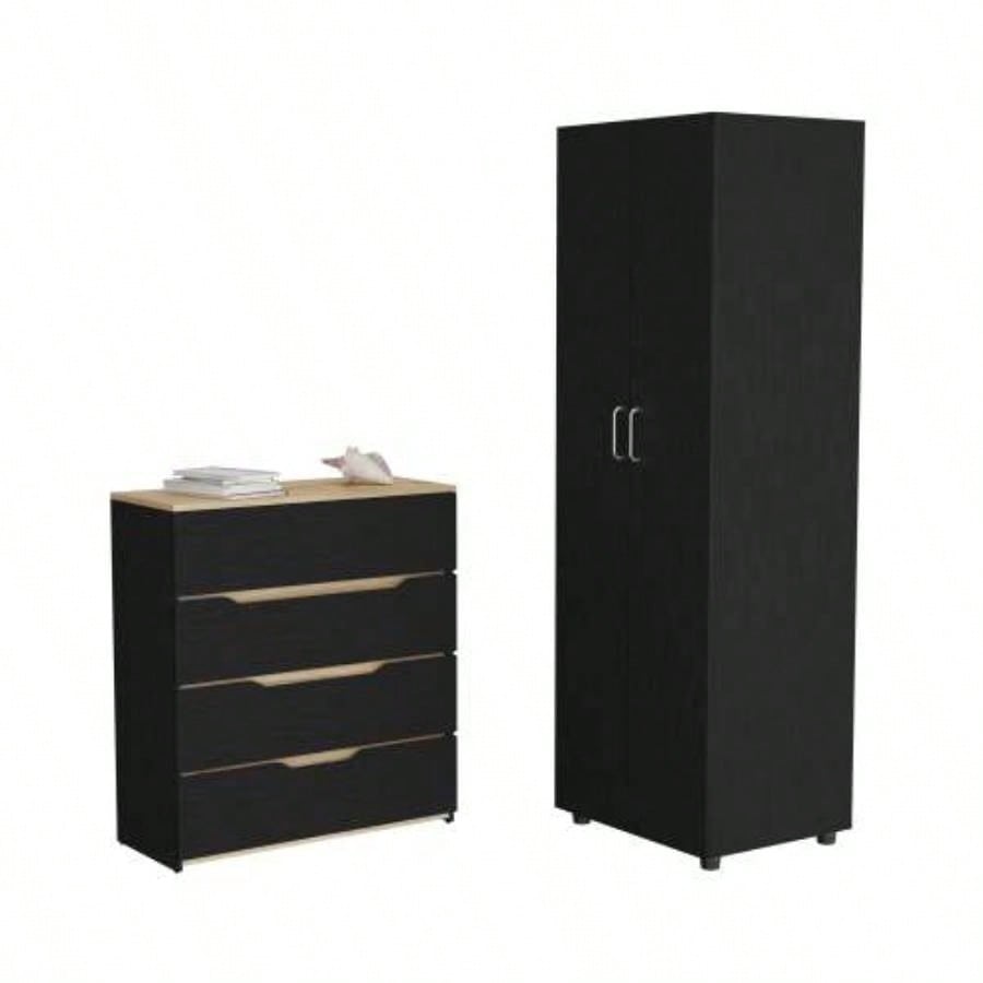 2 Piece Bedroom Set, London Armoire+ Aralia Drawer Dresser, Black/ Light Oak