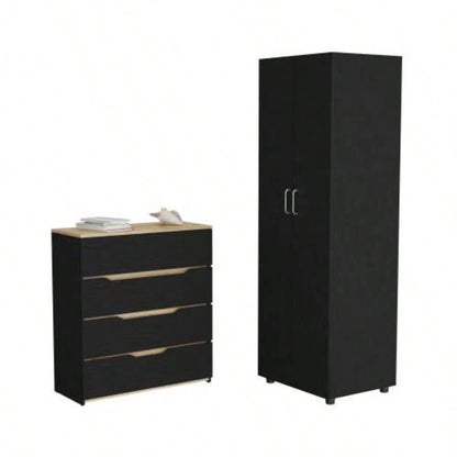 2 Piece Bedroom Set, London Armoire+ Aralia Drawer Dresser, Black/ Light Oak