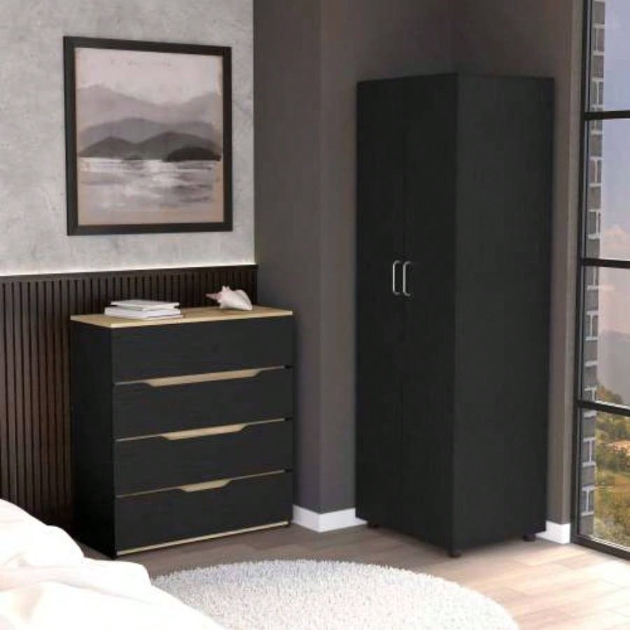 2 Piece Bedroom Set, London Armoire+ Aralia Drawer Dresser, Black/ Light Oak