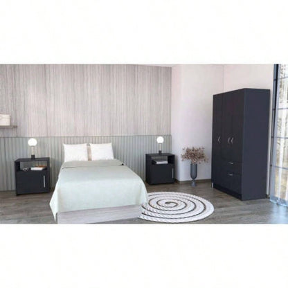 3 Piece Bedroom Set, Cartagena Armoire+ 2 Omaha Nightstands, Black