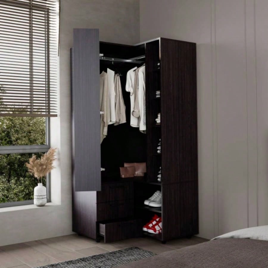 FM FURNITURE Thatcher Armoire - wardrobe, shoe storage, Open Storage and 2 - drawer, Wenge