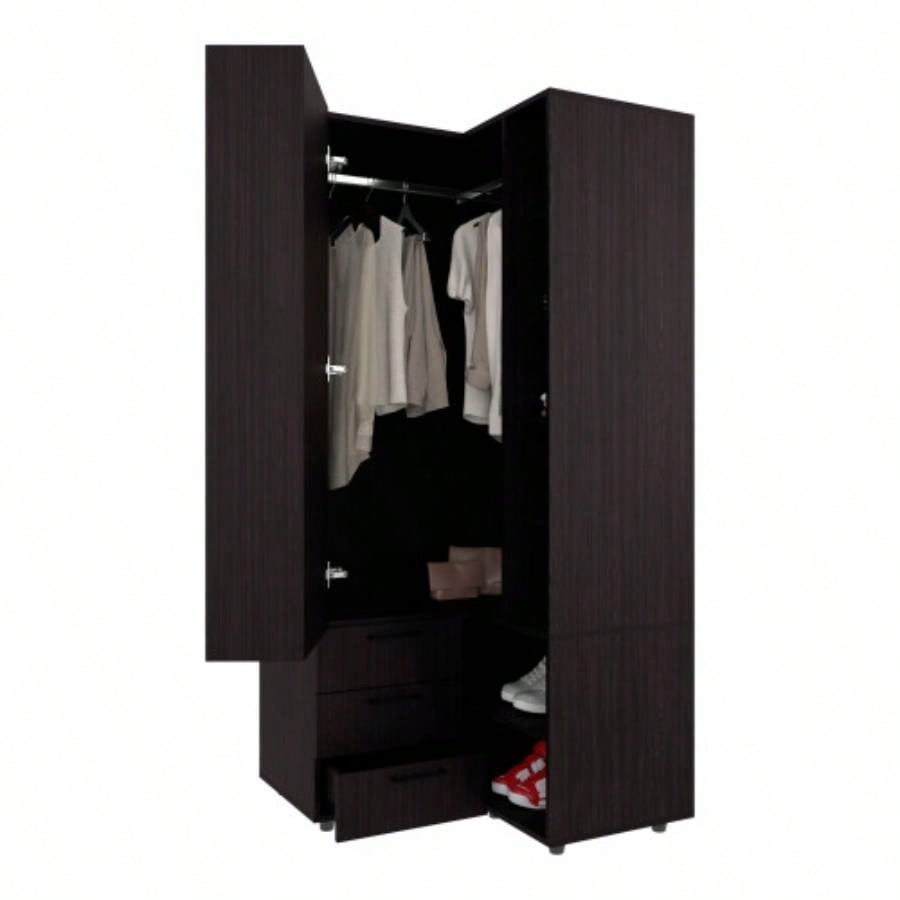 FM FURNITURE Thatcher Armoire - wardrobe, shoe storage, Open Storage and 2 - drawer, Wenge