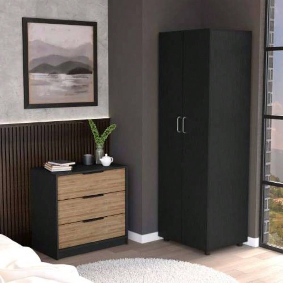 2 Piece Bedroom Set, London Armoire+ Egeo 3 Drawers Dresser, Black/ Pine