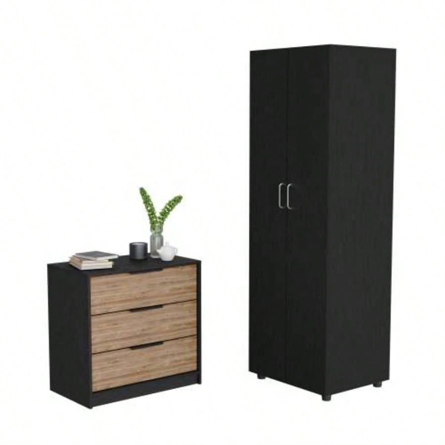 2 Piece Bedroom Set, London Armoire+ Egeo 3 Drawers Dresser, Black/ Pine