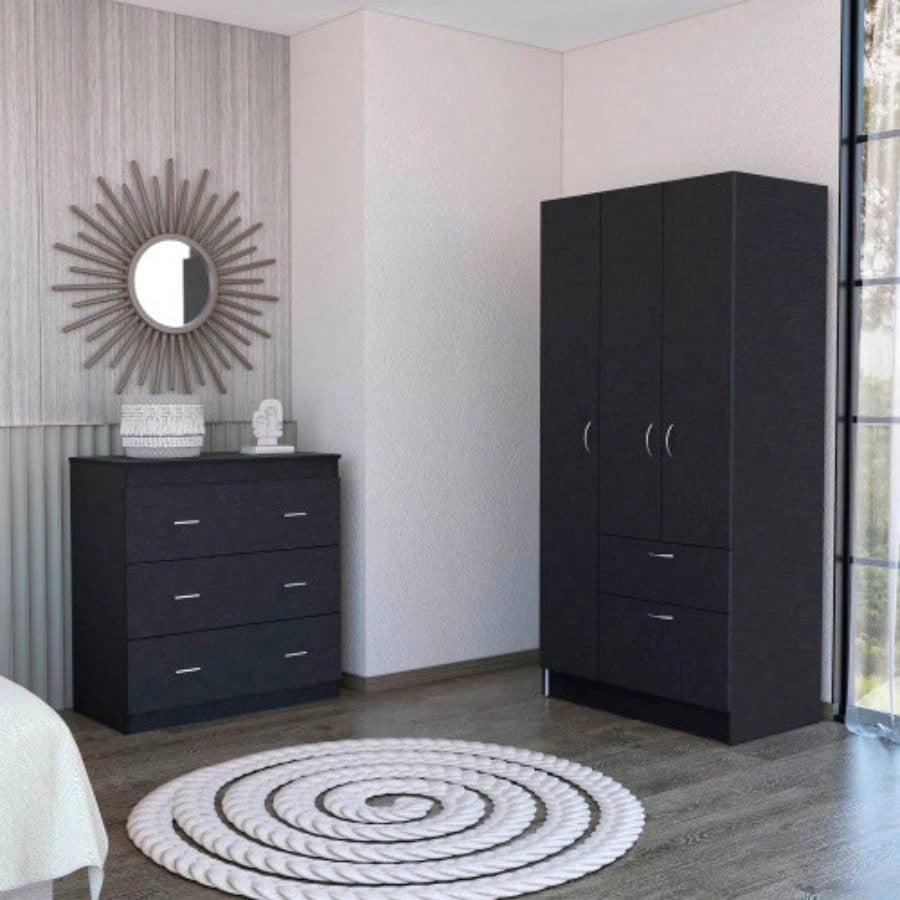 2 Piece Bedroom Set, Cartagena Armoire+ Three Drawer Dresser, Black