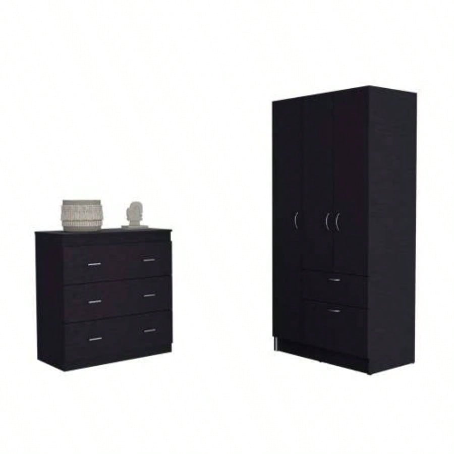 2 Piece Bedroom Set, Cartagena Armoire+ Three Drawer Dresser, Black