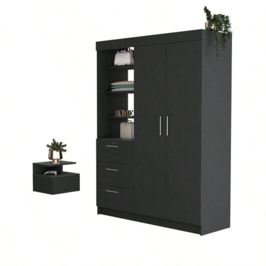Kenya 2 Piece Bedroom Set, Armoire+ Nightstand, Black