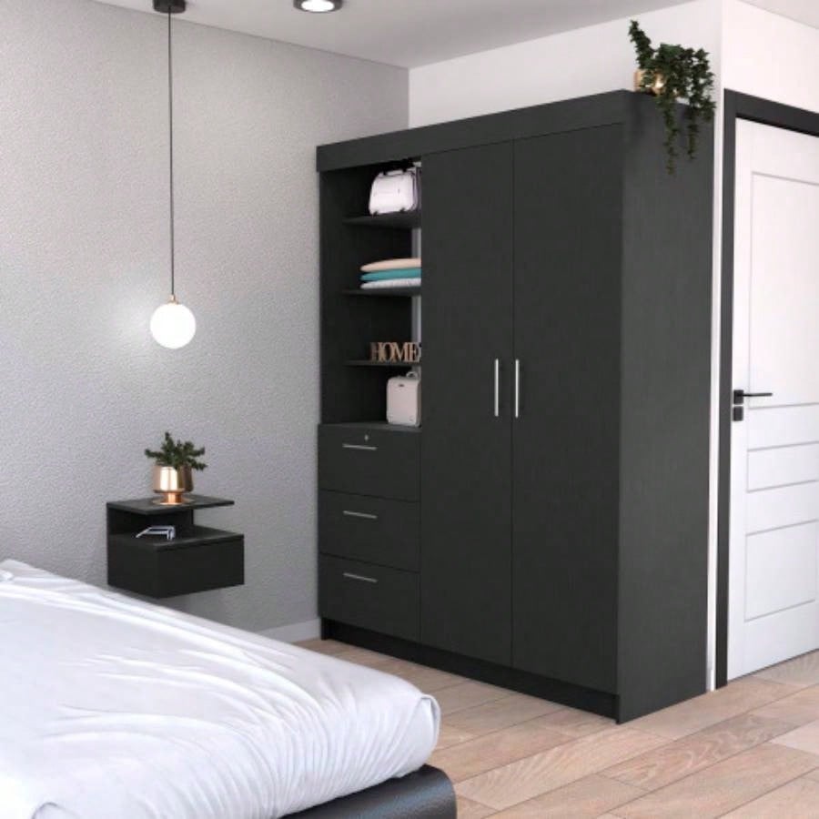 Kenya 2 Piece Bedroom Set, Armoire+ Nightstand, Black