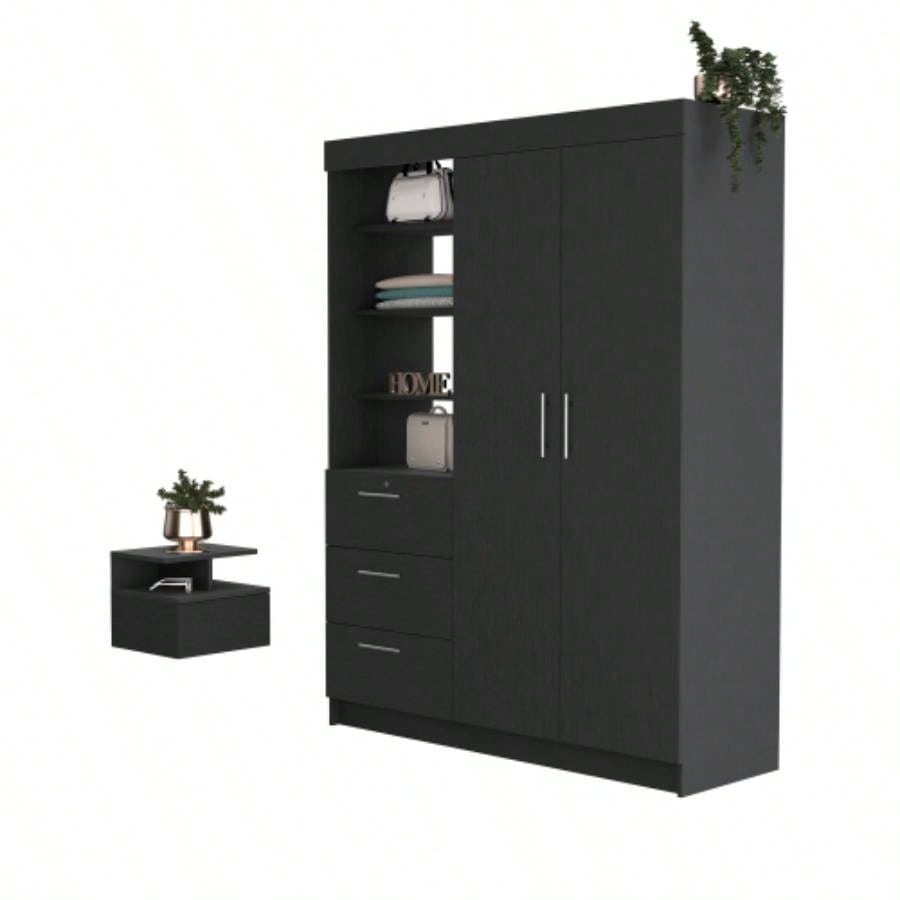 Kenya 2 Piece Bedroom Set, Armoire+ Nightstand, Black
