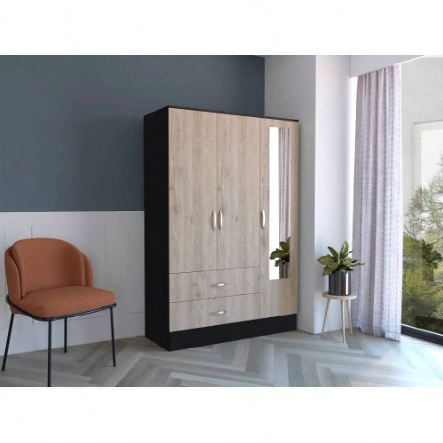Mirrored Armoire Draggo, Bedroom, Black/ Light Gray