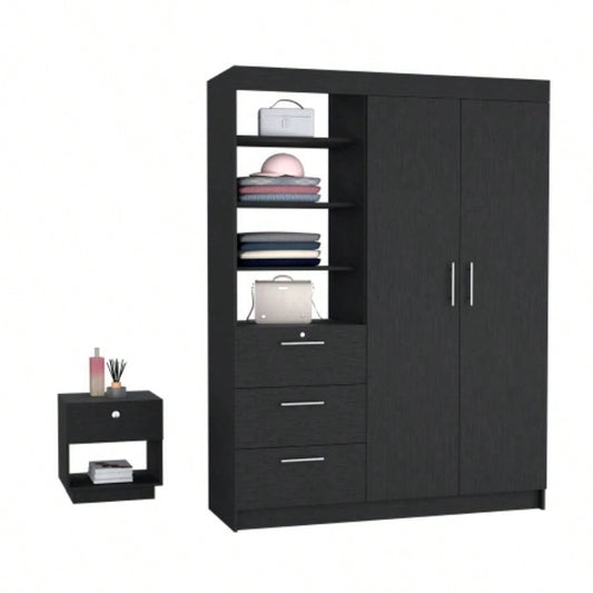 Peyton 2 Piece Bedroom Set, Armoire+ Nightstand, Black
