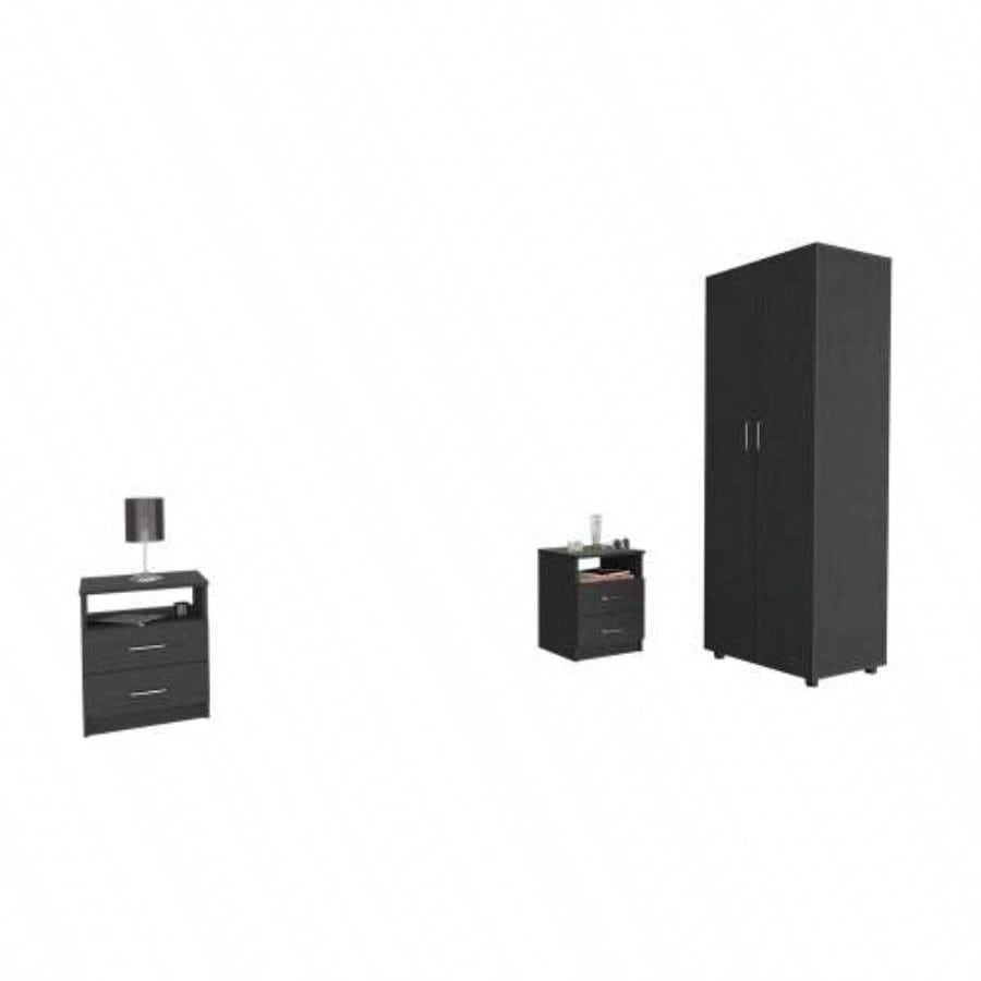 3 Piece Bedroom Set, London Armoire+ Salento Nightstand+ Salento Nightstand, Black