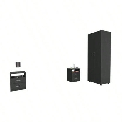 3 Piece Bedroom Set, London Armoire+ Salento Nightstand+ Salento Nightstand, Black