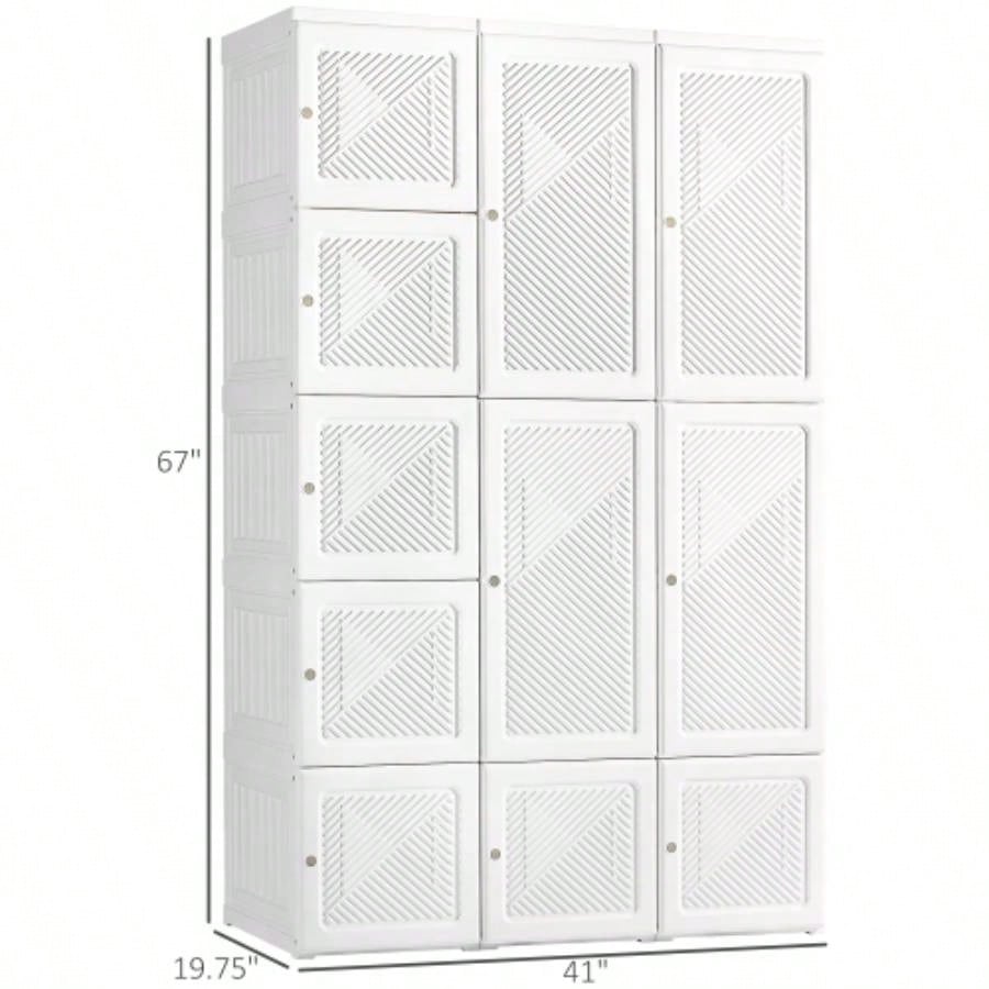 HOMCOM Portable Wardrobe Closet, Folding Bedroom Armoire, Clothes Storage Organizer with 11 Cube Compartments, Hanging Rod, Magnet Doors, White