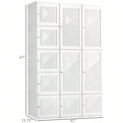 HOMCOM Portable Wardrobe Closet, Folding Bedroom Armoire, Clothes Storage Organizer with 11 Cube Compartments, Hanging Rod, Magnet Doors, White