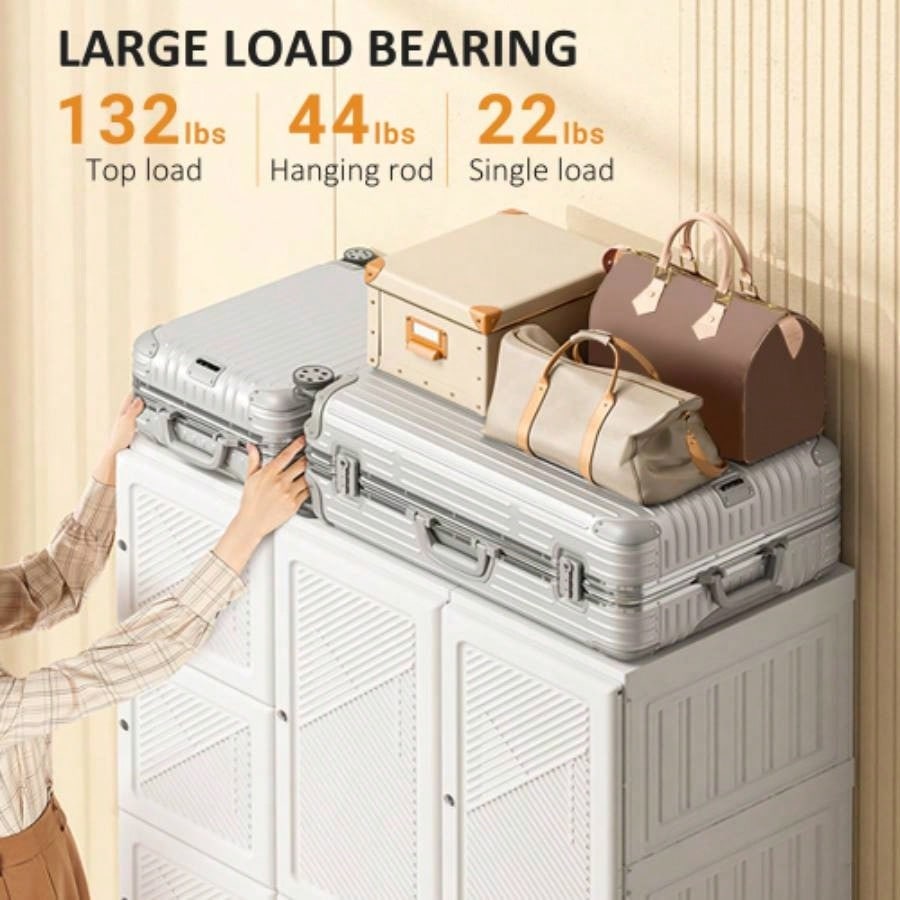 HOMCOM Portable Wardrobe Closet, Folding Bedroom Armoire, Clothes Storage Organizer with 11 Cube Compartments, Hanging Rod, Magnet Doors, White