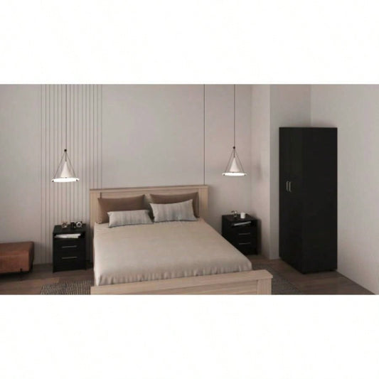 3 Piece Bedroom Set, London Armoire+ 2 Leyva Nightstands, Black