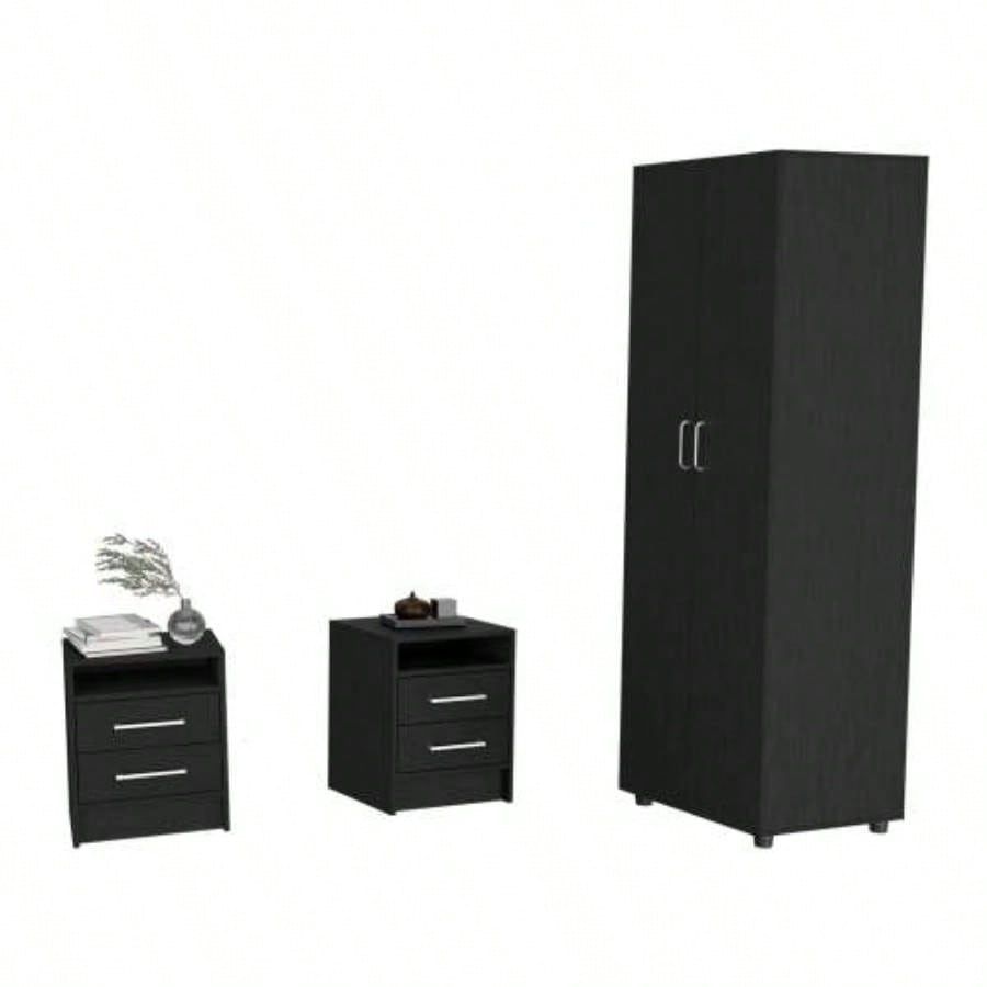 3 Piece Bedroom Set, London Armoire+ 2 Leyva Nightstands, Black