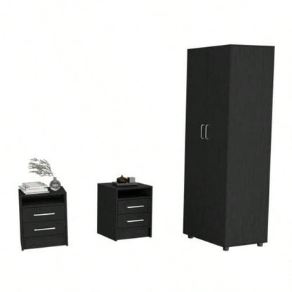 3 Piece Bedroom Set, London Armoire+ 2 Leyva Nightstands, Black
