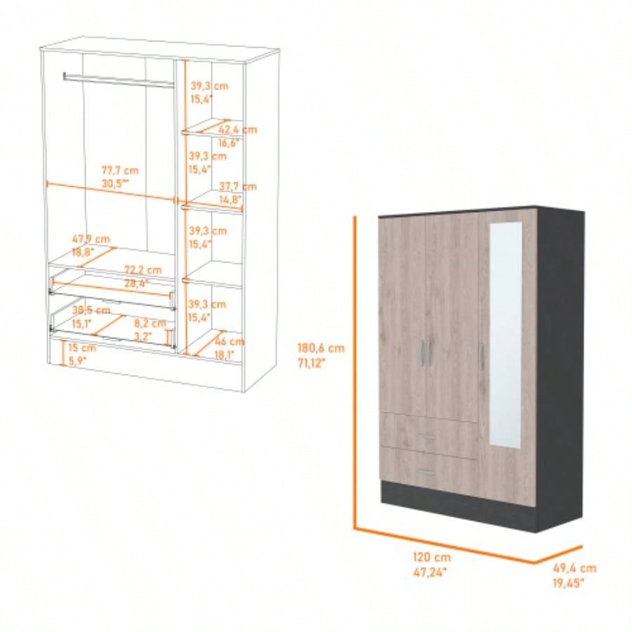Florencia S Mirrored Armoire, Two Cabinets With Divisions, Two Drawers