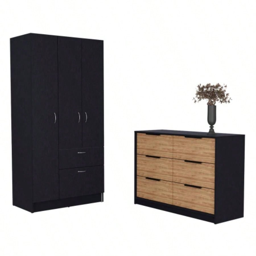 Capwell 2 - Piece Bedroom Set, Armoire and Dresser, Black and Pine